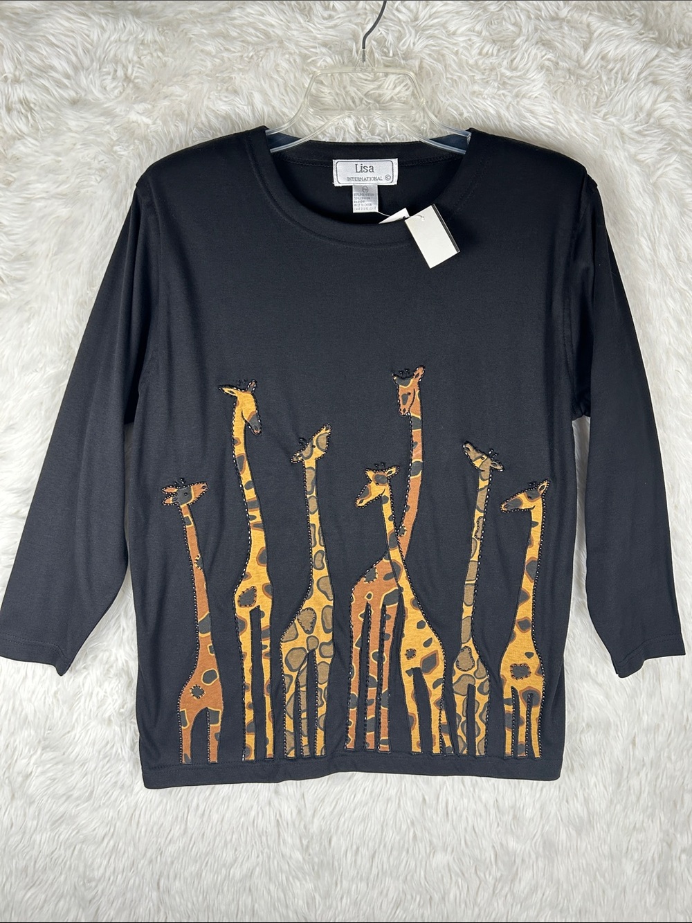 NWT Vintage Black Beaded Giraffe Print Top Lisa International
